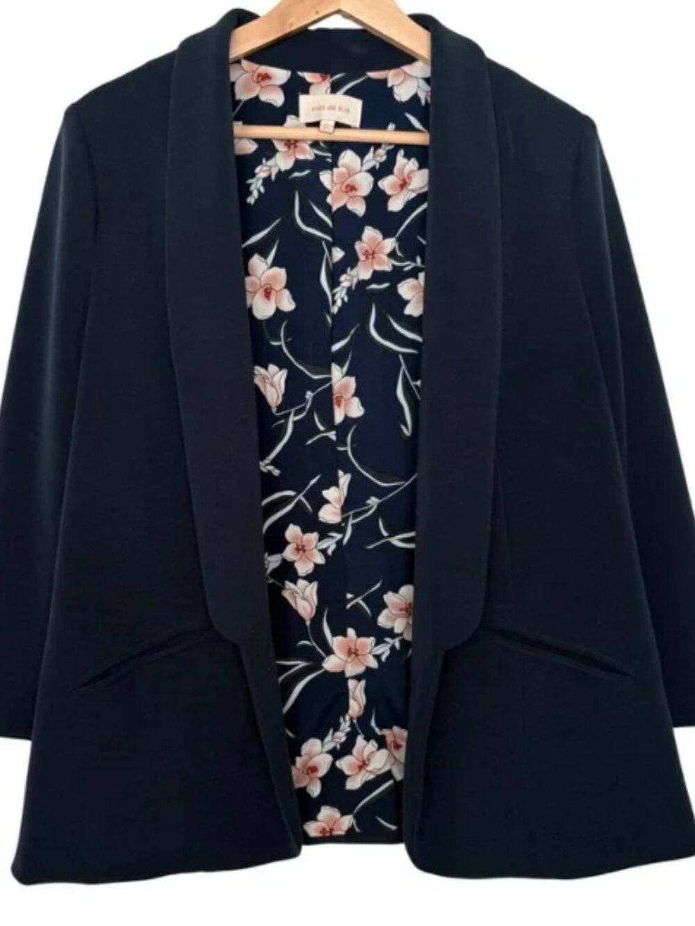 Skies Are Blue 1X Navy Blazer Floral Lining Open Front Workwear